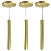 Kit 3 Pendente Tubo Dourado 30Cm Cabo Cristal + Led