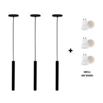 Kit 3 Pendente Tubo GU10 Quarto Lavabo Preto Fosco C/ Led