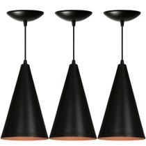 Kit 3 Pendentes Cone Preto Com Cobre Aluminio Decoracao
