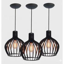 Kit 3 Pendentes Luminária De Teto Balcão De Cozinha Cor Preto Kit 3 Pendentes Luminária De Teto Balcão De Cozinha Cor Preto