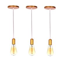 Kit 3 Pendentes Lustre Dourado Retrô Fio Simples Soquete Liso E27 Kit 3 Pendentes Lustre Dourado Retrô Fio Simples Soquete Liso E27