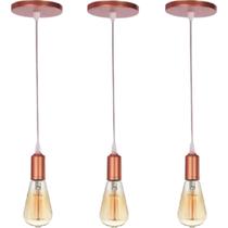 Kit 3 Pendentes Lustre Rose Gold Retrô Fio Simples Soquete Liso E27