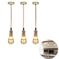 Kit 3 Pendentes Soquetes Bocais Retro E27 Rose Gold Com Lâmpadas Vintage Formato Pera Filamento Led Luzes Amarelas