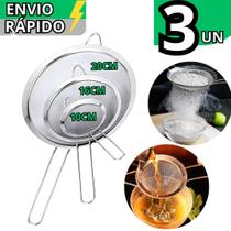 Kit 3 Peneira Inox 20Cm 16Cm 10Cm Coar Suco Polvilhar Para Filtrar Alta Qualidade Restaurante