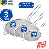 Kit 3 Peneira Inox 20Cm 16Cm 10Cm Coar Suco Polvilhar Para Filtrar Alta Qualidade Restaurante