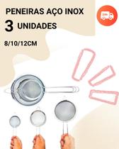 Kit 3 Peneiras em Aço Inox Resistente Luxo Para Coar Polvilhar Versátil, Durável, com Suporte para Panelas e Travessas, Resistente a Temperaturas e d