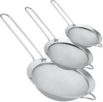 Kit 3 Peneiras Inox 8 14 e 18cm Grandes Coador Aço Inoxidável Reforçado para Cozinha Profissional