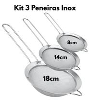 Kit 3 Peneiras Inox 8 14 e 18cm Grandes Coador Aço Inoxidável Reforçado para Cozinha Profissional