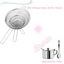 Kit 3 Peneiras Inox Utensílios de Cozinha + Açucareiro