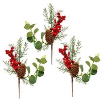 Kit 3 Pick Natalino Azevinho Vermelho com Pinha Nevada e Folhagens Verdes Decorativo 16cm Kit 3 Pick Natalino Azevinho Vermelho com Pinha Nevada e Folhagens Verdes Decorativo 16cm