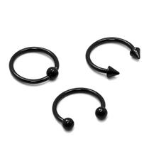 Kit 3 Piercing Ferradura, Ferradura Spike e Captive 1.2mm em Aço Cirúrgico Black PVD