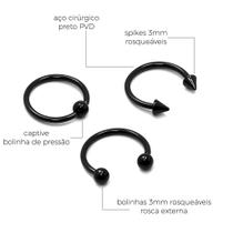 Kit 3 Piercing Ferradura, Ferradura Spike e Captive 1.2mm em Aço Cirúrgico Black PVD