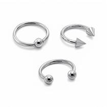 Kit 3 Piercing Ferradura, Ferradura Spike e Captive em Aço Cirúrgico 1.2mm
