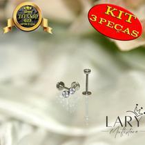 Kit 3 Piercing Titanio Labret Ponto Luz Push Pin com Pedra de Zirconia Anti alérgico e Resistente a Corrosão para Tragus, Conch, Helix, Label, Orelha
