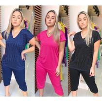 KIT 3 Pijama Adulto Pescador Fechado Blusa Bermuda Capri
