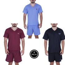 Kit 3 Pijama Adulto Verão Bella da Serra Camisa Manga Curta Gola V Short Masculino Curto