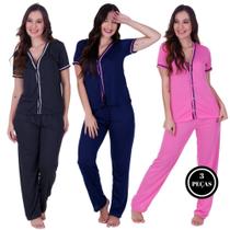 Kit 3 Pijama Americano Amamentação Botão Inverno - c13 KIT 3 VANESSA MARINHO PRETO ROSA