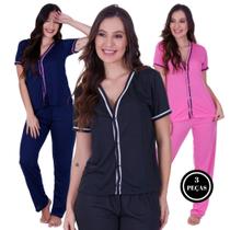 Kit 3 Pijama Americano Calça Longa Botão - c13 KIT 3 VANESSA MARINHO PRETO ROSA