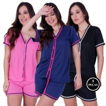 Kit 3 Pijama Americano Curto Botão Amamentação - KIT 3 SABRINA ROSA MARINHO PRETO