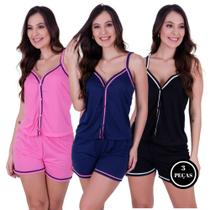 Kit 3 Pijama Americano de Verão com Botão Amamentação - c13 KIT 3 DAYSE PRETO ROSA E MARINHO