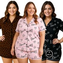 Kit 3 Pijama Americano Estampado Plus Size - c4 KIT 3 ANASTÁCIA PRETO MARROM E ROSA