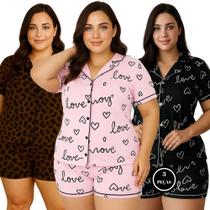 Kit 3 Pijama Americano Estampado Plus Size - c4 KIT 3 ANASTÁCIA PRETO MARROM E ROSA