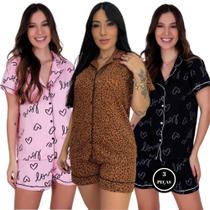 Kit 3 Pijama Americano Manga Curta com Gola e Short Estampado - KIT 3 ANASTÁCIA PRETO ROSA E MARROM Kit 3 Pijama Americano Manga Curta com Gola e Short Estampado - KIT 3 ANASTÁCIA PRETO ROSA E MARROM
