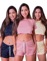 Kit 3 Pijama Baby Doll Estampado Conjunto Cropped Short Dormir Confortável Feminino Delicado Kit 3 Pijama Baby Doll Estampado Conjunto Cropped Short Dormir Confortável Feminino Delicado