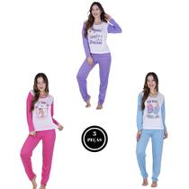 Kit 3 Pijama de Inverno Feminino Roupa de Frio - KIT 3 GABY AZUL PINK ROXO