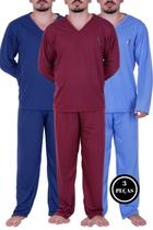 Kit 3 Pijama de Inverno Manga Longa Calça Comprida Adulto Masculino Longo Frio MARINHO BORDÔ AZUL CLARO