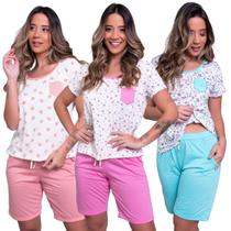 KIT 3 Pijama Estampado Hadassa WLS Modas Roupa Para Verão Short Manga Curta Baby Doll Linha Noite KIT 3 Pijama Estampado Hadassa WLS Modas Roupa Para Verão Short Manga Curta Baby Doll Linha Noite