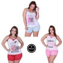 Kit 3 Pijama Feminino Alcinha e Short Curto - SUZI VERDE VERMELHO ROSA CLARO