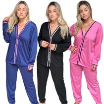 Kit 3 Pijama Feminino Inverno Longo com Botão Amamentação - Pijamas Viçosa
