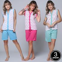 Kit 3 Pijama Feminino Manga Curta Estampado Com Bermuda Pós Cirúrgico