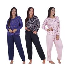 Kit 3 Pijama Feminino Manga Longa Comprido Estampado Inverno