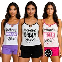 Kit 3 Pijama Feminino Verão Baby Doll Estampado - c3 KIT 3 SUZI PRETO PINK E LILÁS Kit 3 Pijama Feminino Verão Baby Doll Estampado - c3 KIT 3 SUZI PRETO PINK E LILÁS