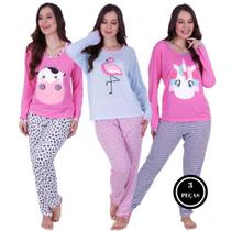 Kit 3 Pijama Longo Estampado - c9 KIT 3 BICHINHO LONGO VAQUINHA FLAMINGO UNICÓRNIO