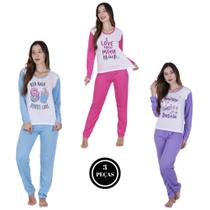 Kit 3 Pijama Longo Feminino Manga Longa Calça Comprida de Frio - c8 KIT 3 GABI PINK LILÁS E FROZEN