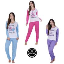 Kit 3 Pijama Longo Feminino Manga Longa Calça Cumprida de Frio -c8 KIT 3 GABI FROZEN LILÁS PINK