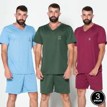 Kit 3 Pijama Masculino Gola V Fechado Conjunto Curto Short Blusa Adulto - Vekyo