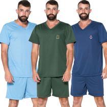 KIT 3 Pijama Masculino Gola V Fechado Vekyo Short e Blusa Roupa de Dormir Linha Noite