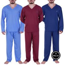 Kit 3 Pijama Masculino Longo Inverno Manga Longa-c7 KIT 3 ALEX AZUL CLARO VINHO MARINHO