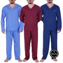 Kit 3 Pijama Masculino Longo Inverno Manga Longa- KIT 3 ALEX AZUL CLARO VINHO MARINHO