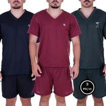 Kit 3 Pijama Masculino Manga e Short Curto Verão -c9 KIT 3 DAVI PRETO VINHO VERDE ESCURO