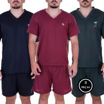 Kit 3 Pijama Masculino Manga e Short Curto Verão - KIT 3 DAVI PRETO VINHO VERDE ESCURO