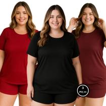 Kit 3 Pijama Plus Size de Suede Canelado Blusa e Short - c2 KIT 3 JULIANA PRETO VINHO E VERMELHO