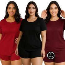 Kit 3 Pijama Plus Size Suede Canelado Baby Doll - c2 KIT 3 JULIANA PRETO VERMELHO E VINHO Kit 3 Pijama Plus Size Suede Canelado Baby Doll - c2 KIT 3 JULIANA PRETO VERMELHO E VINHO
