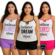 Kit 3 Pijama Plus Size Verão Short Curto Blusa de Alça Baby Doll - c11 KIT 3 SUZI PRETO PINK LILÁS Kit 3 Pijama Plus Size Verão Short Curto Blusa de Alça Baby Doll - c11 KIT 3 SUZI PRETO PINK LILÁS