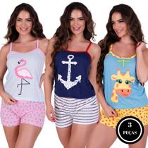 Kit 3 Pijama Verão Short Alça de Calor Unicórnio Âncora Girafa Vaquinha Flamingo Bichinho Curto ÂNCORA FLAMINGO GIRAFA