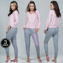 Kit 3 Pijamas Adolescente Feminino Blusa Longa e Calça Jogger